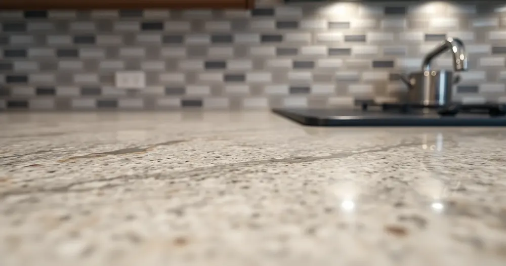 Bancada de cozinha em primeiro plano com o revestimento da parede ao fundo, em close