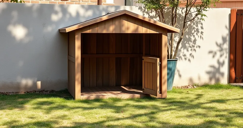 Casinha de madeira para cachorro em canto sombreado de quintal, com grama e muro ao fundo