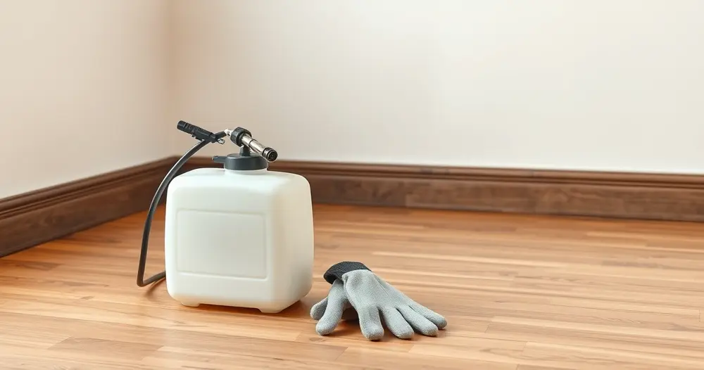 Pulverizador branco de pressão e par de luvas de proteção apoiados no piso junto ao rodapé